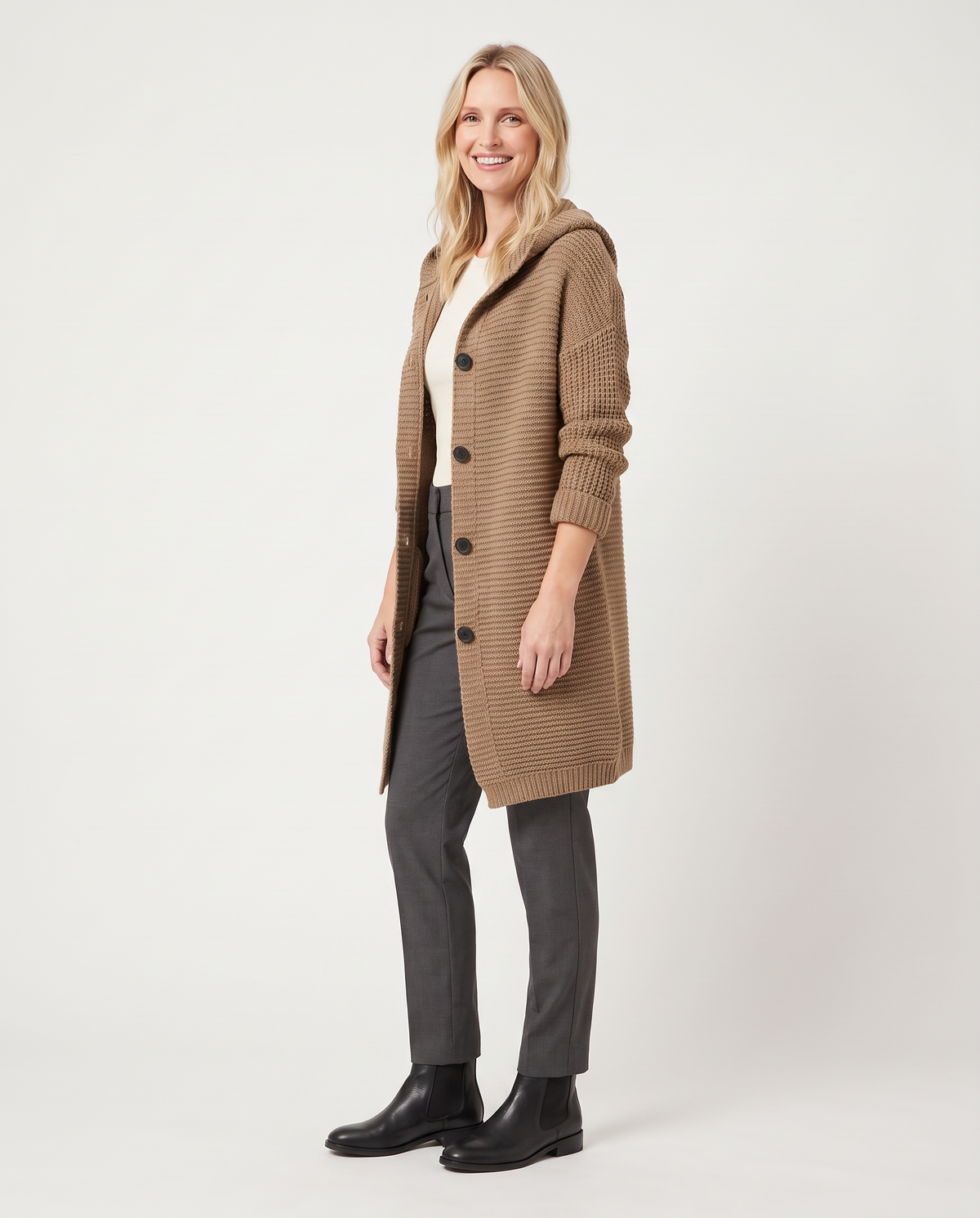Ada Women's Long Chunky Knit Cardigan in Brown, three quarter view