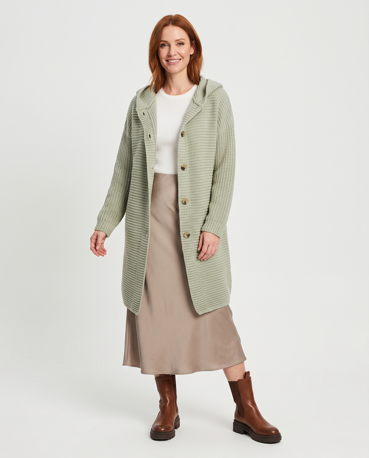 Ada Women's Long Chunky Knit Cardigan in Light Green