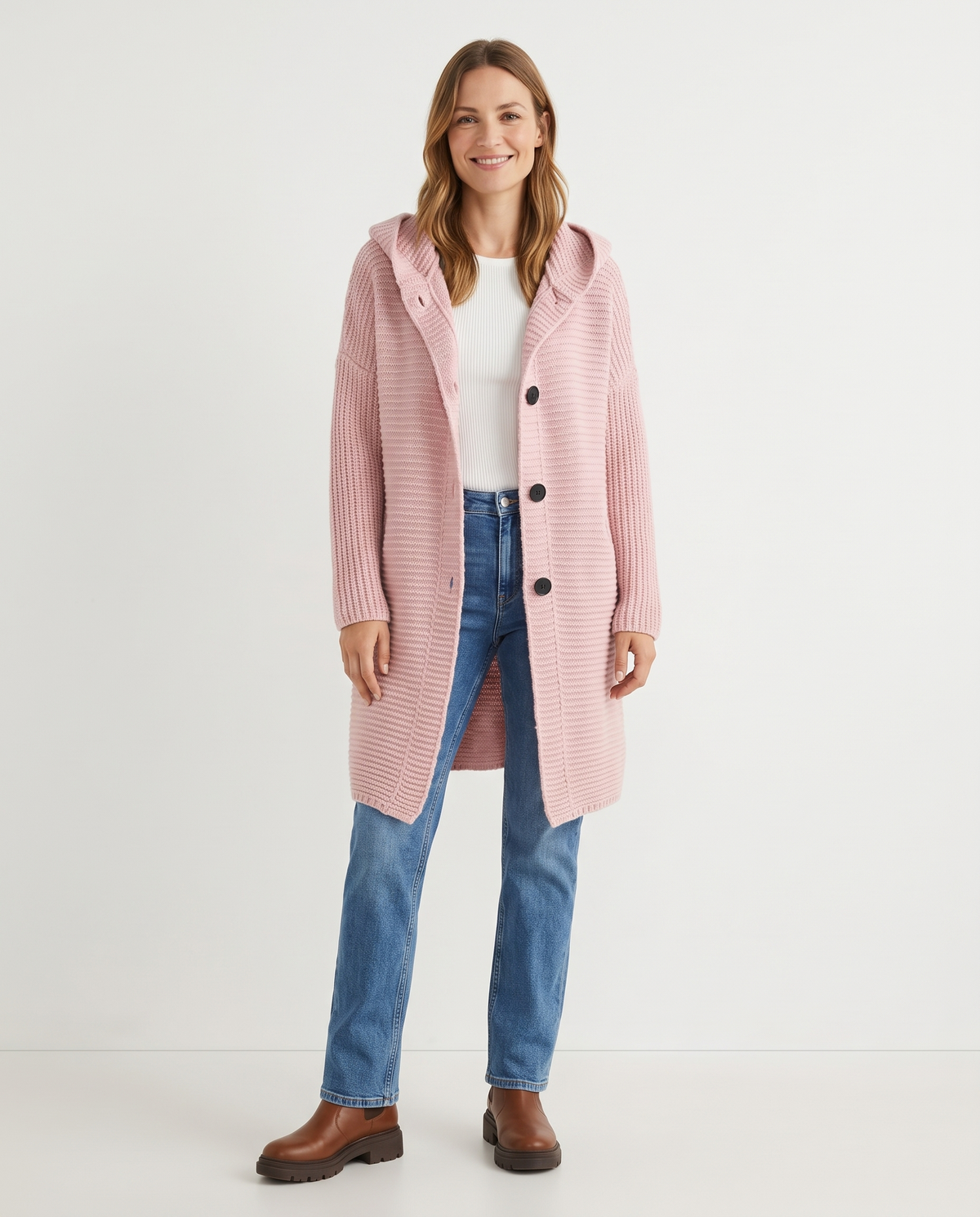 Ada Women's Long Chunky Knit Cardigan in Light Pink