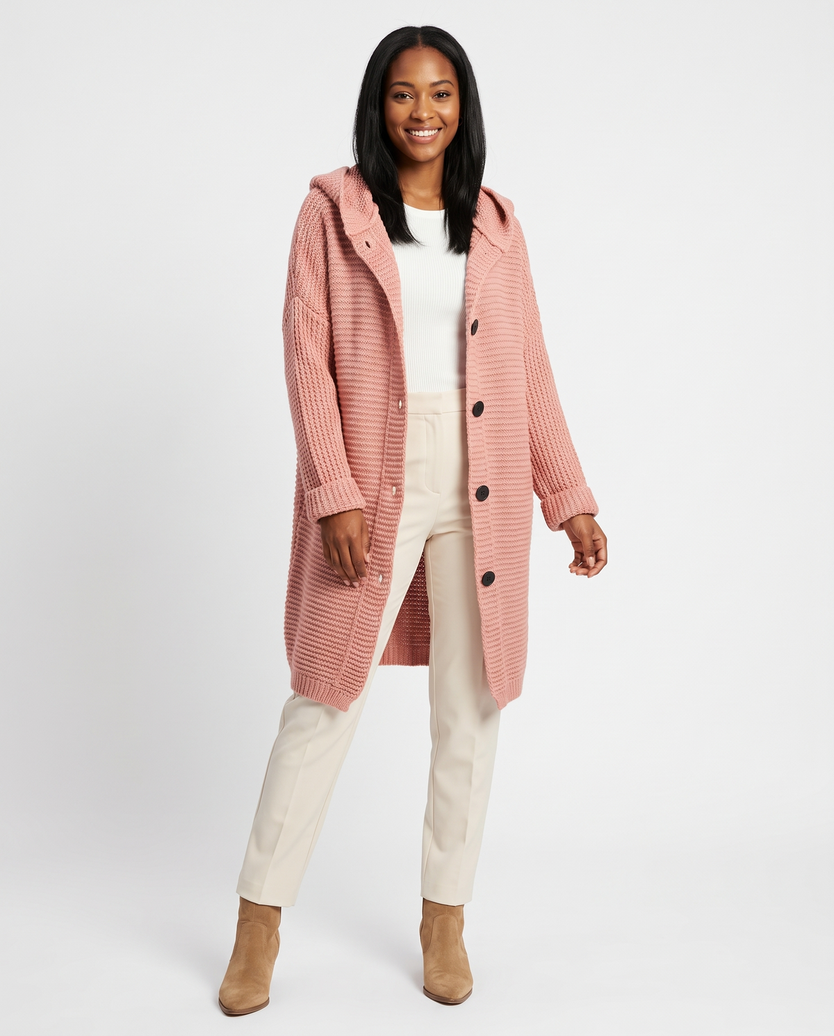 Ada Women's Long Chunky Knit Cardigan in Pink