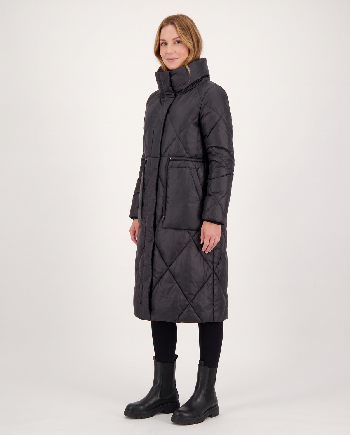 Amber Women's Winter Quilted Padded Long Puffer Coat in Black, three quarter view