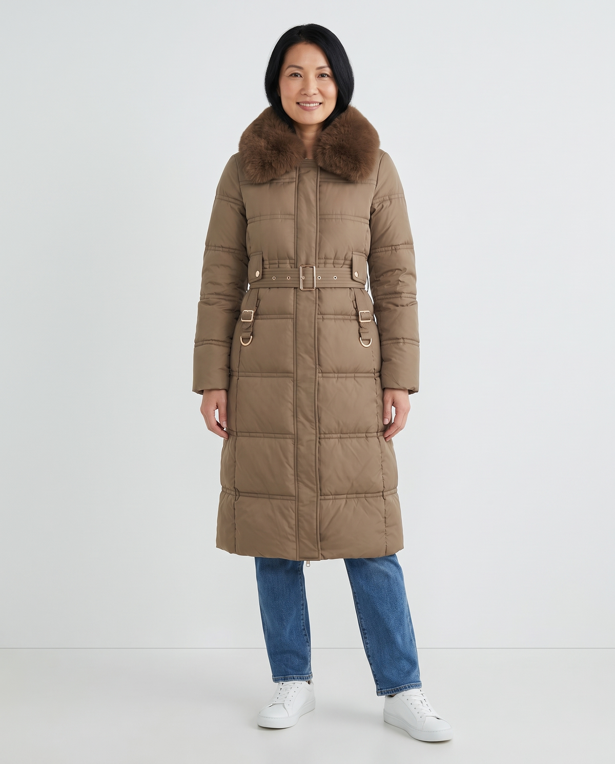 Anna Women's Winter Hooded Quilted Long Puffer Coat in Brown