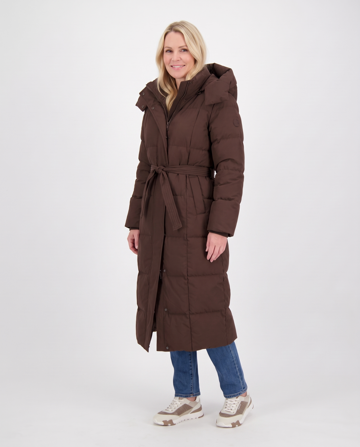 Beth Women's Winter Hooded Quilted Long Puffer Coat in Brown, three quarter view