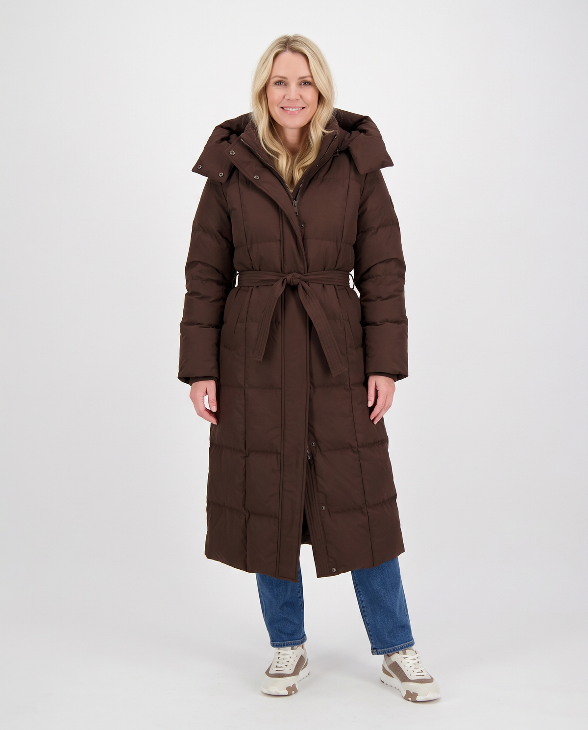 Beth Women's Winter Hooded Quilted Long Puffer Coat in Brown