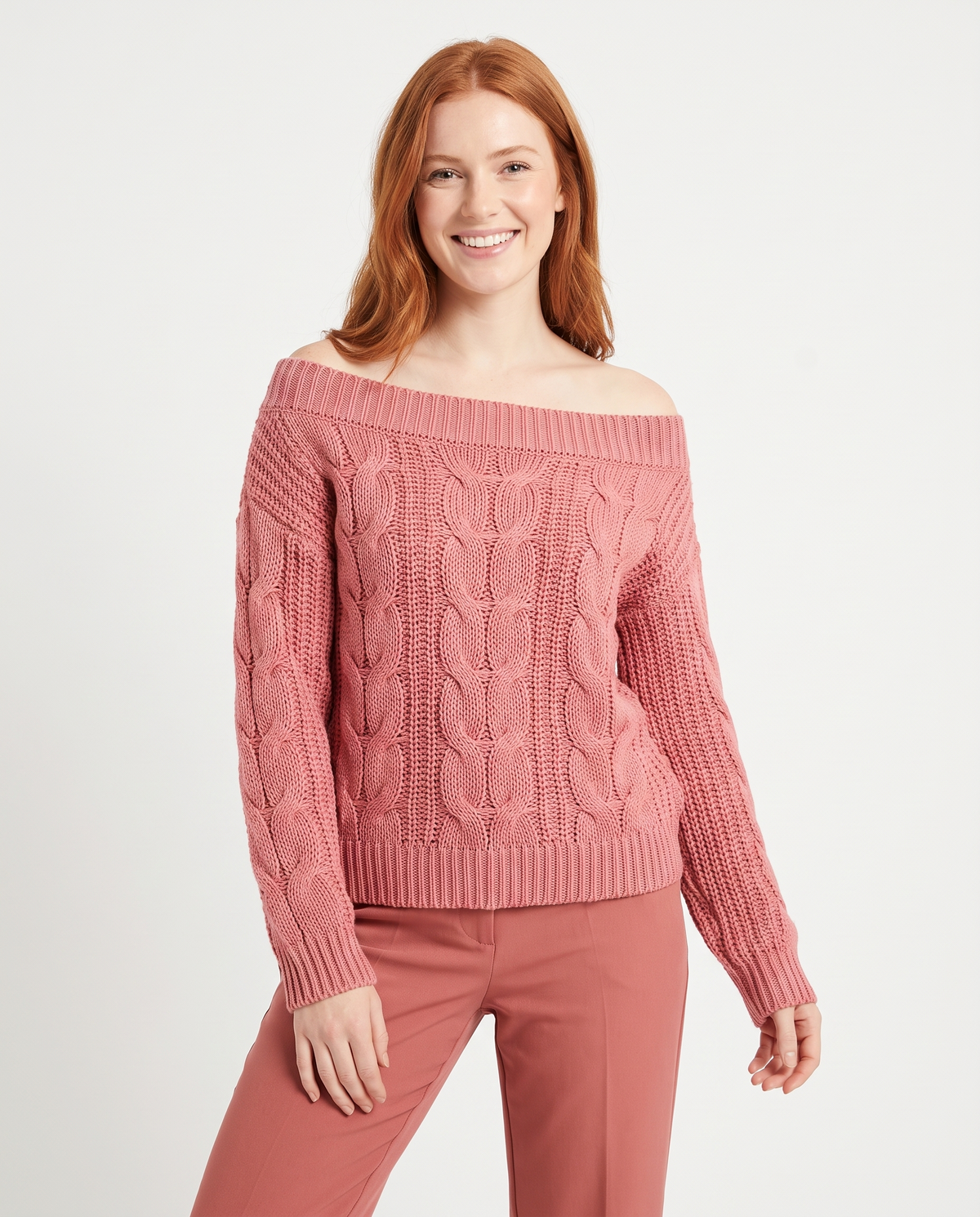 Camille Women's Off-the-Shoulder Cable Knit Sweater in Light Red