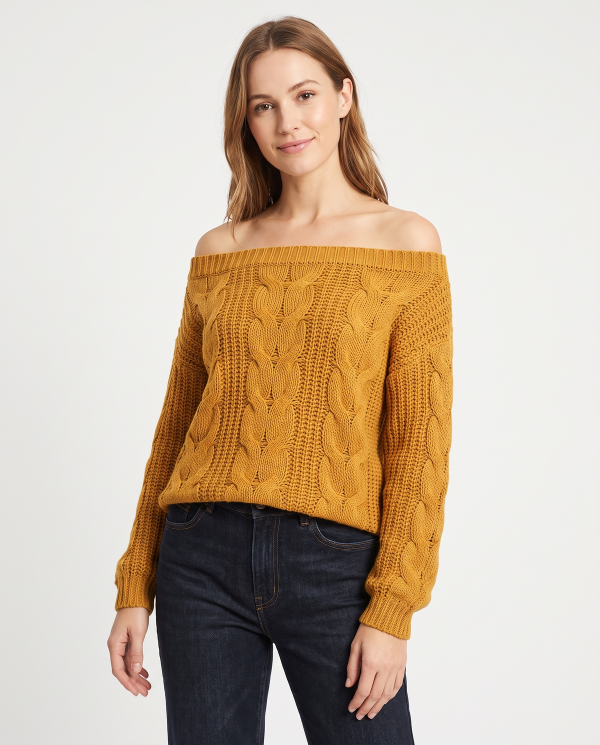 Camille Women's Off-the-Shoulder Cable Knit Sweater in Yellow