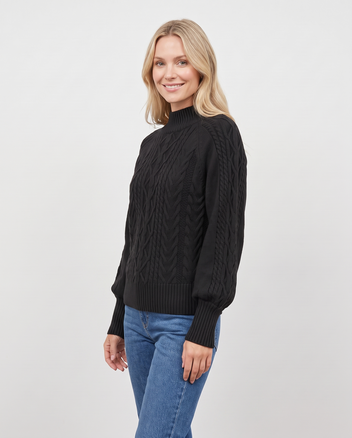Clemmie Women's Cable Knit Jumper in Black, three quarter view