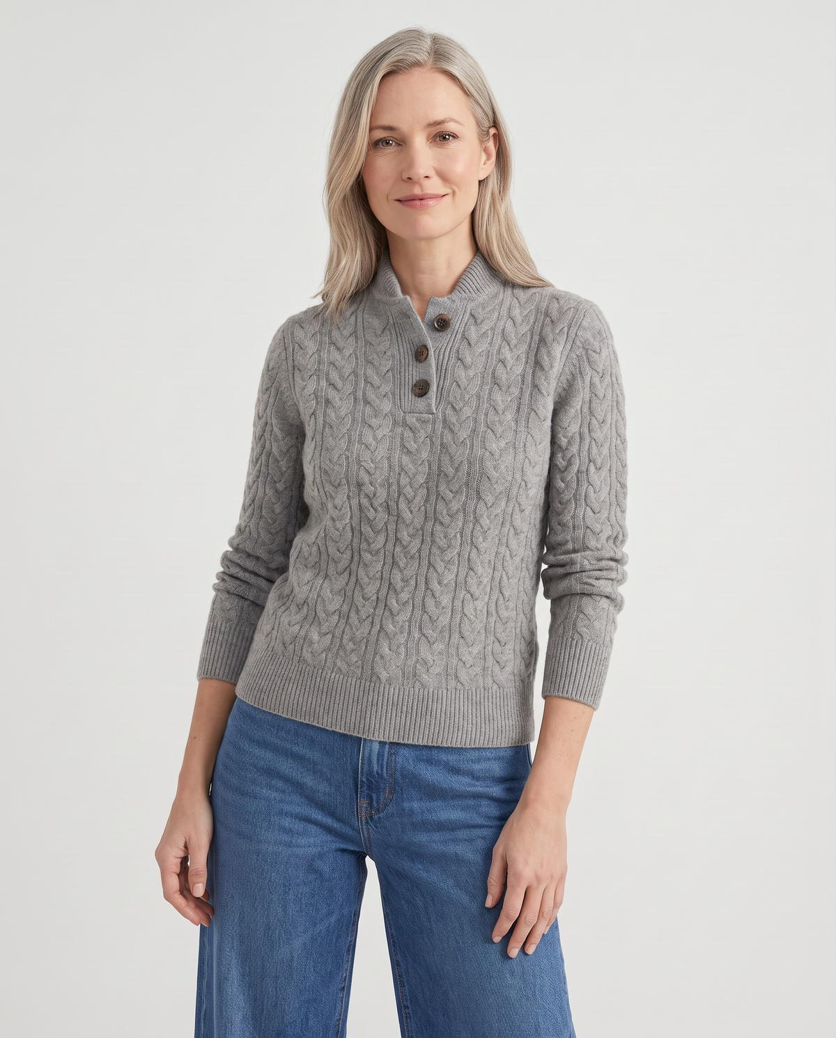Cosy Cable Knit Cashmere Sweater with Button Neck in Grey
