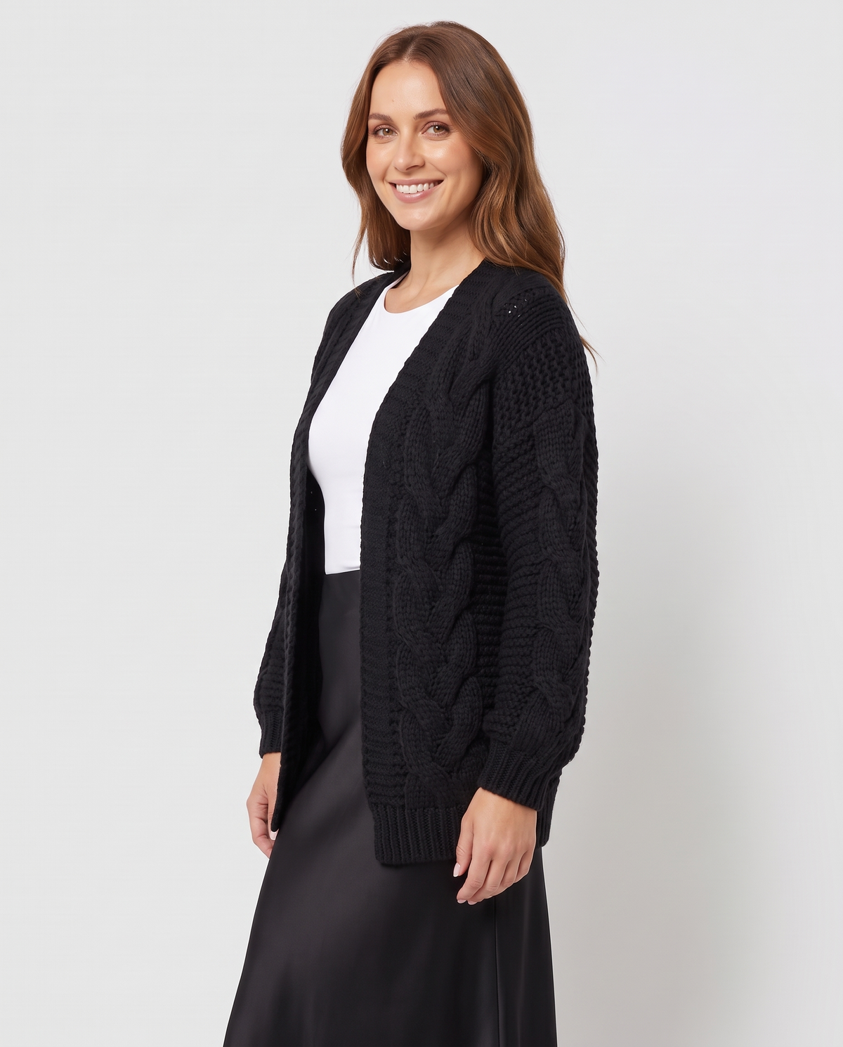 Dora Women's Long Chunky Knit Cardigan in Black, three quarter view