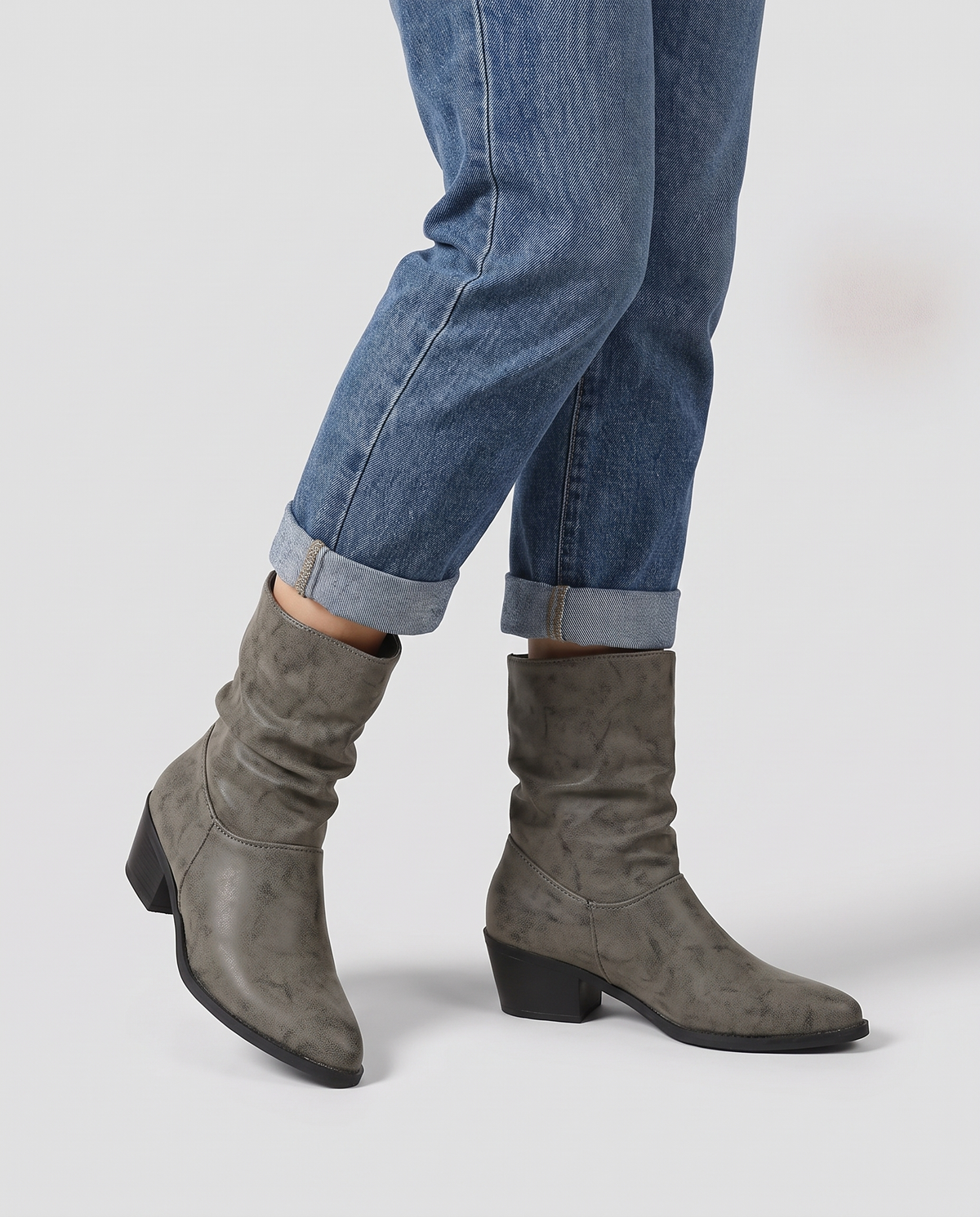 Edith Women's Leather Heeled Ankle Boots - Grey