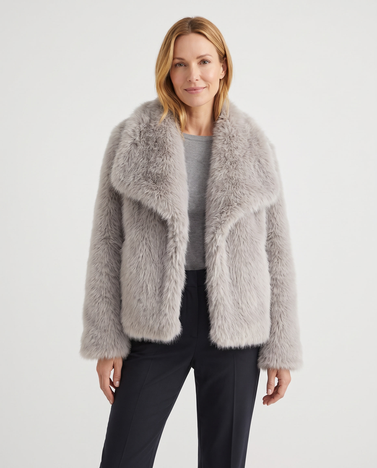 Ella Women's Winter Plush Faux Fur Jacket in Ivory Grey