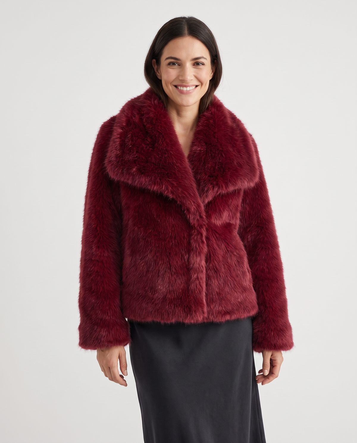 Ella Women's Winter Plush Faux Fur Jacket in Wine Red