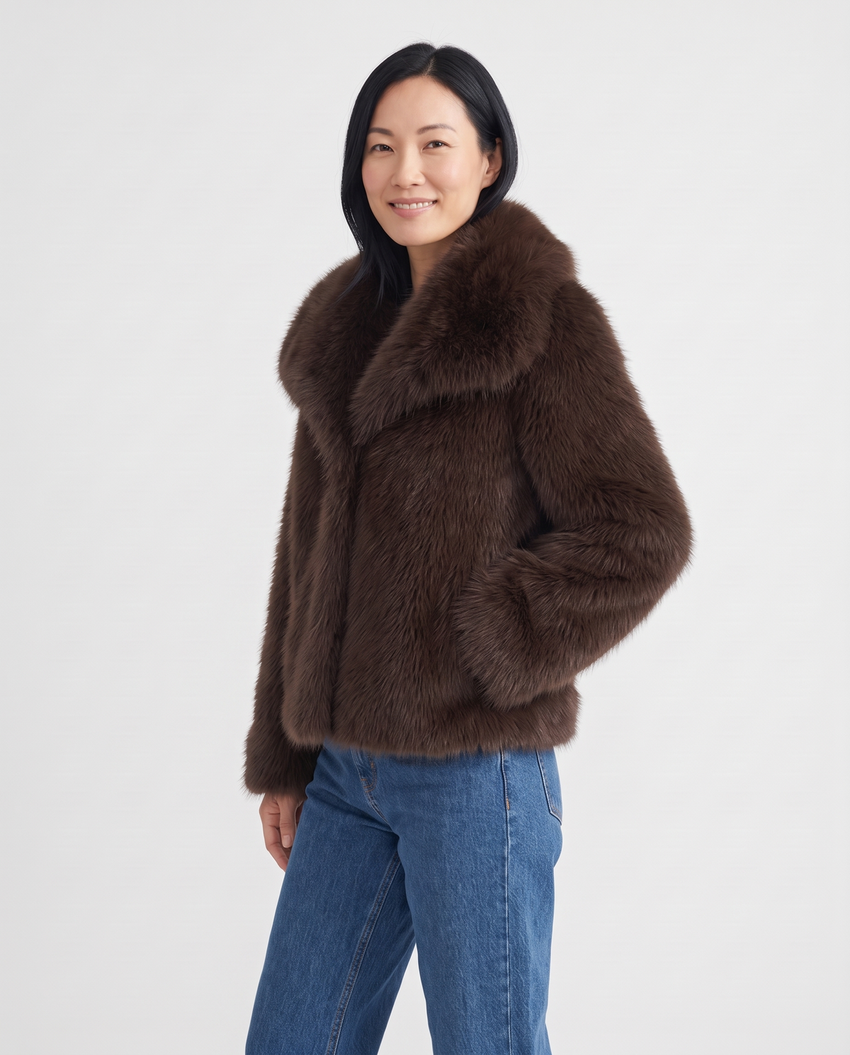 Enid Women's Winter Plush Faux Fur Jacket in Brown, three quarter view