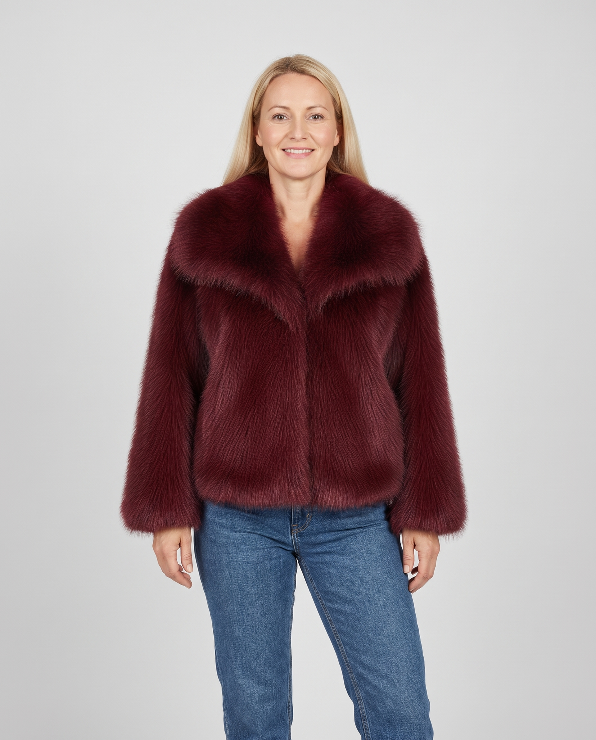 Enid Women's Winter Plush Faux Fur Jacket in Burgundy