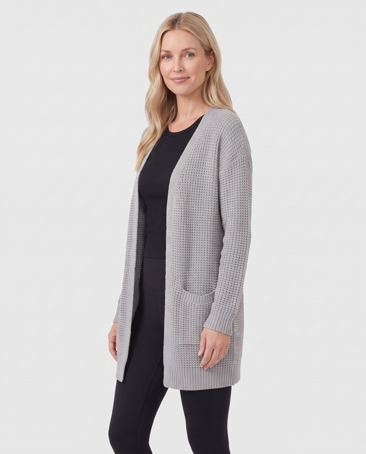 Esme Women's Long Chunky Knit Cardigan in Grey, three quarter view