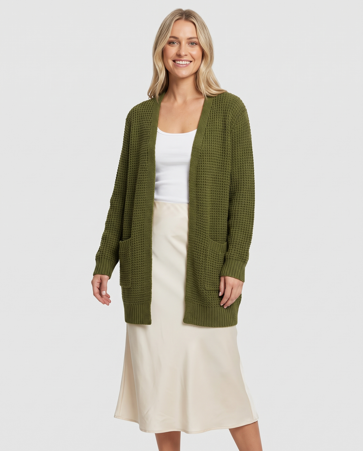 Esme Women's Long Chunky Knit Cardigan in Olive Green
