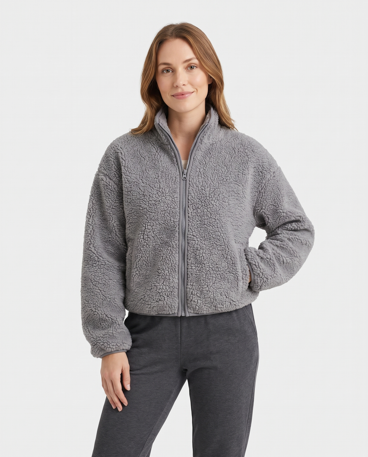 Faye Women's Winter Cropped Faux Fur Jacket in Grey