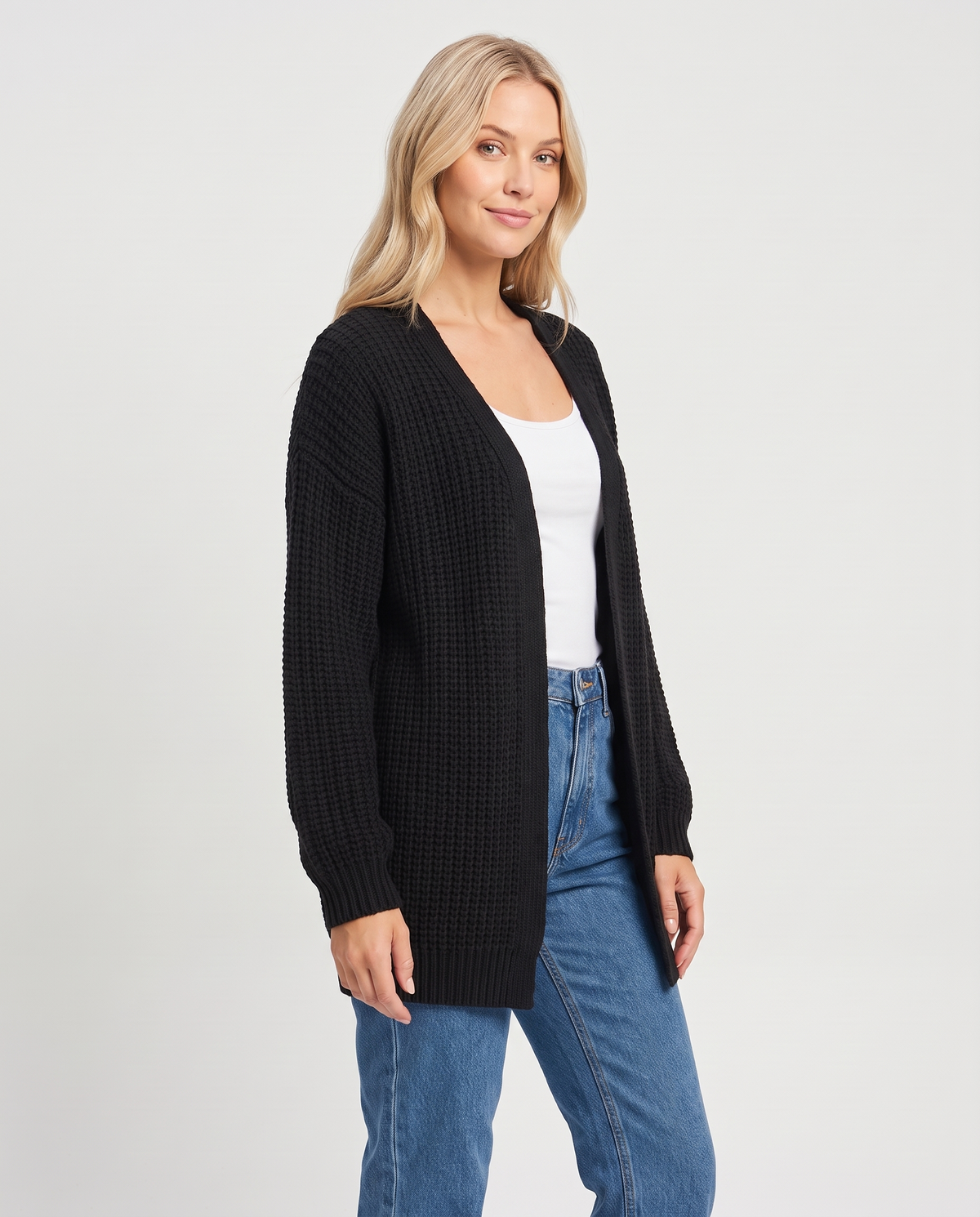 Harriet Women's Chunky Knit Cardigan in Black, three quarter view