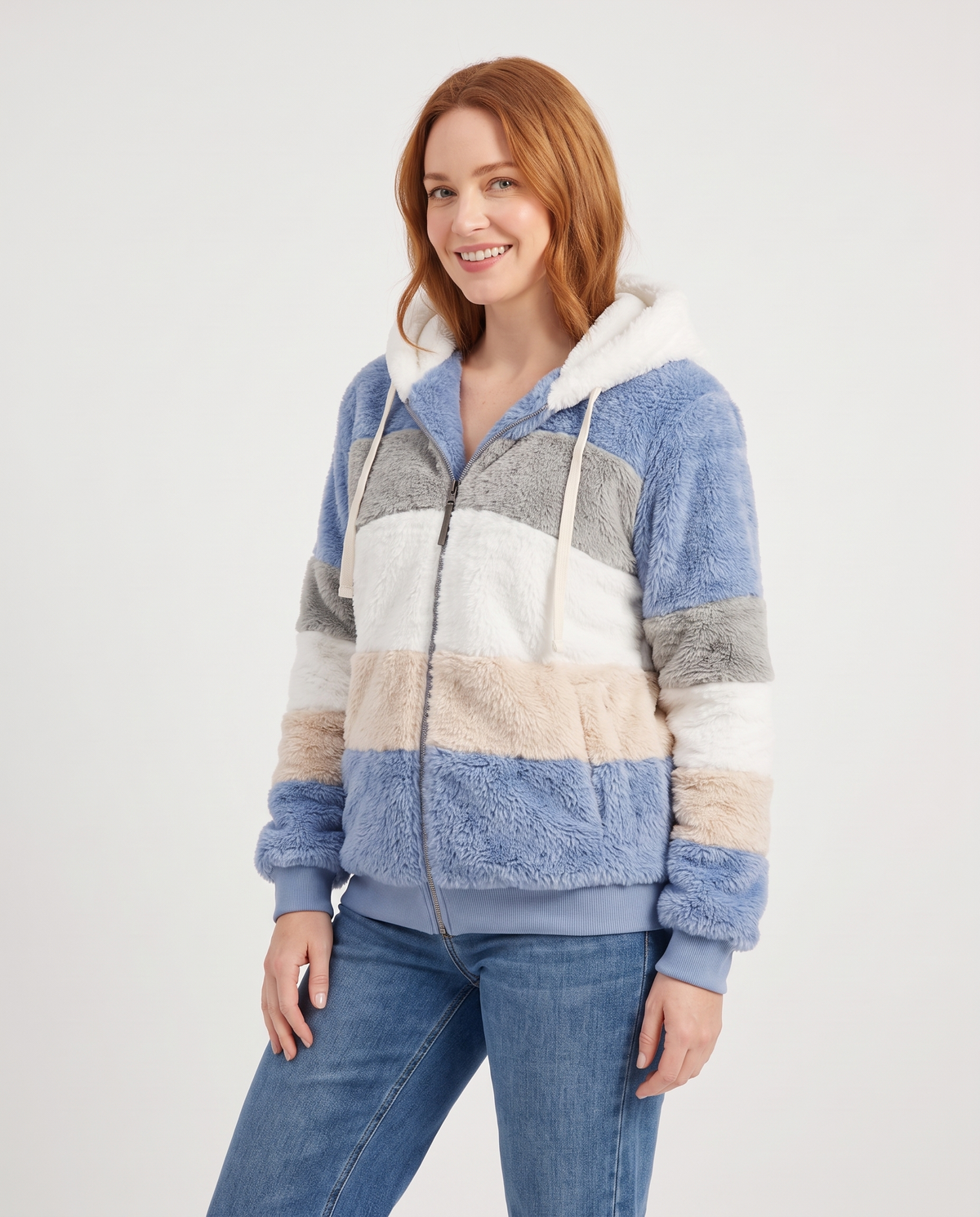 Iona Women's Faux Fur Jacket in Blue Stripes, three quarter view