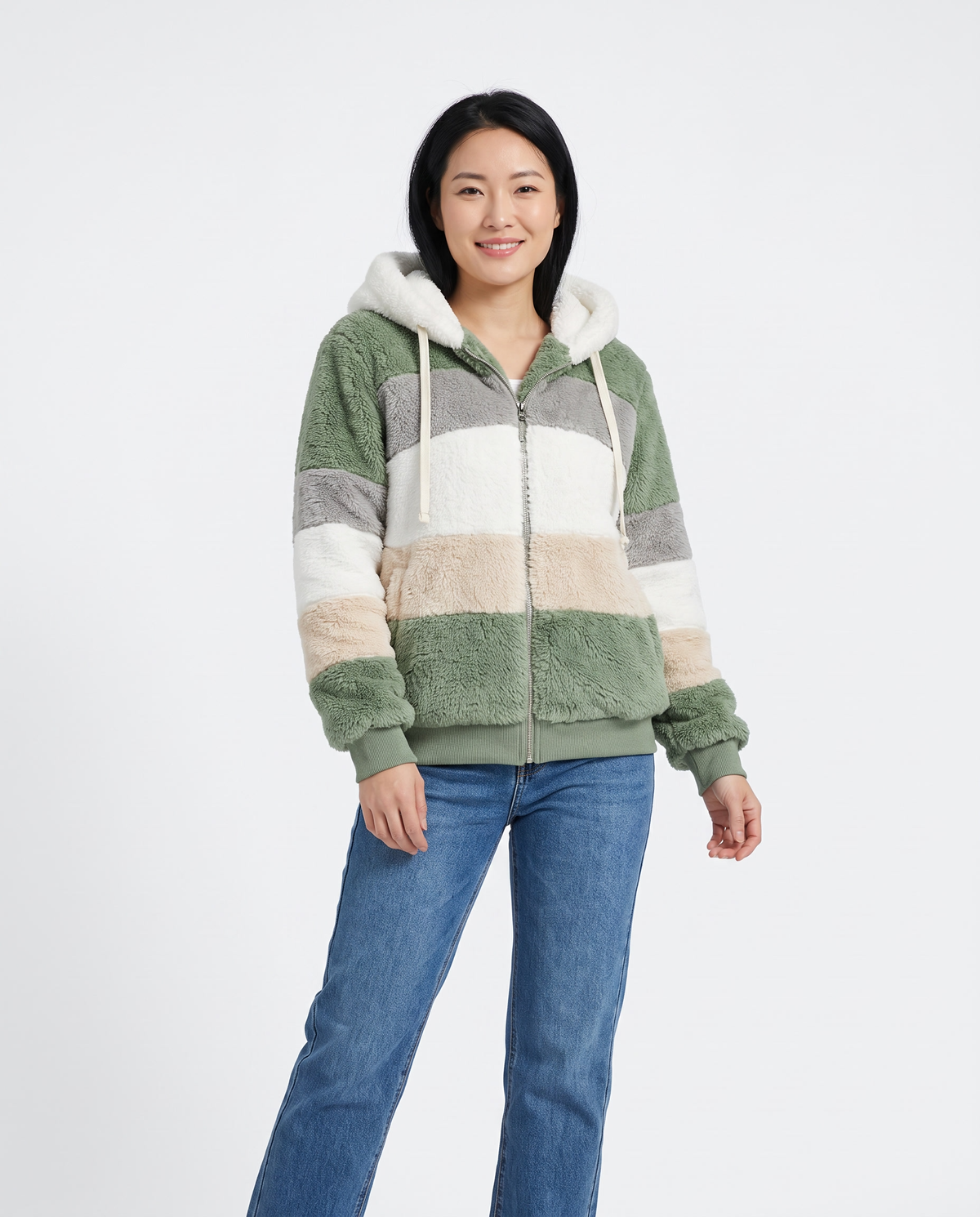 Iona Women's Faux Fur Jacket in Green Stripes
