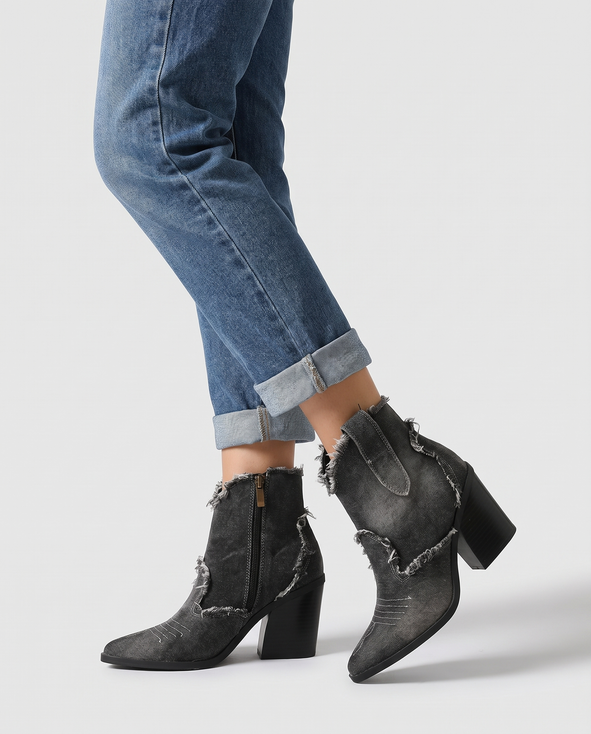 Isla Women's Denim Western Ankle Boots - Black