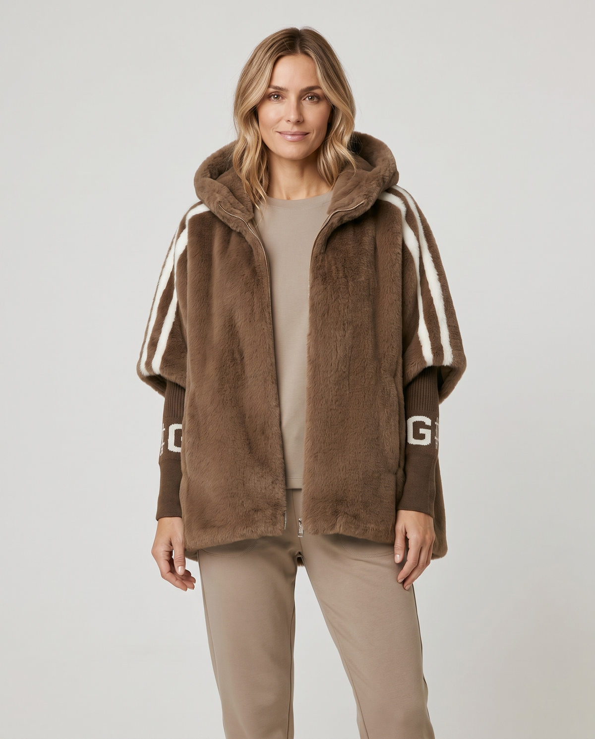 Jade Women's Hooded Faux Fur Jacket in Beige