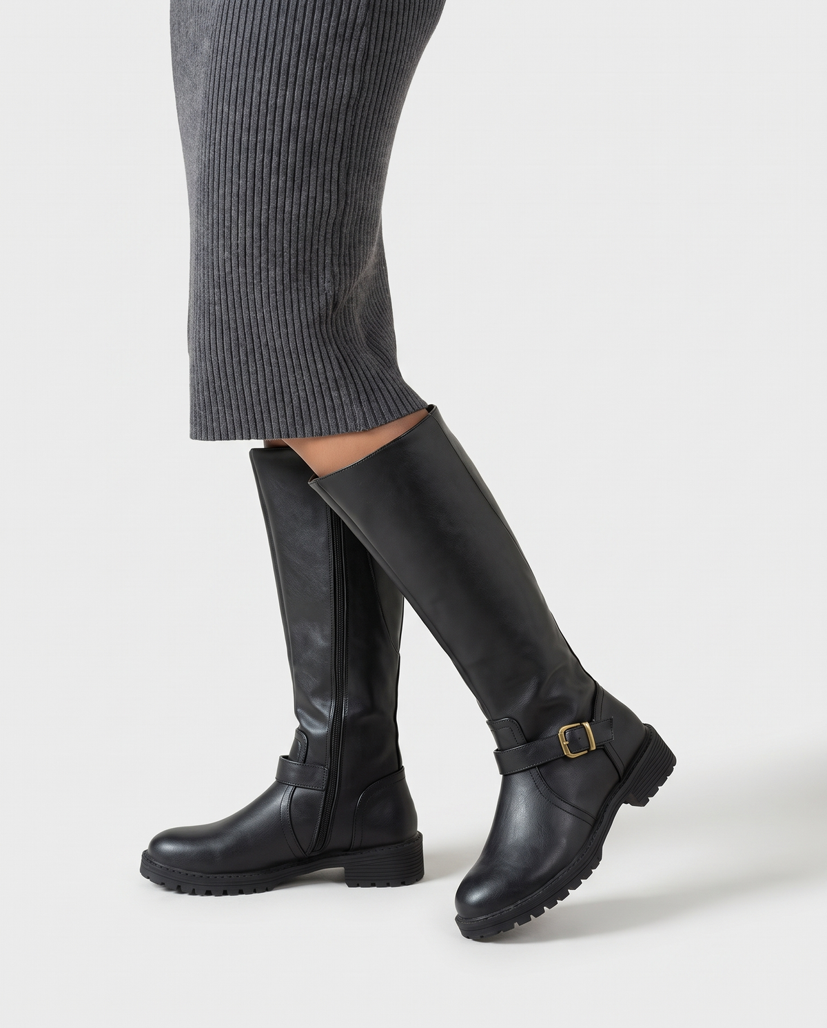 Kate Women's Winter Leather Riding Flat Knee High Boots in Brown