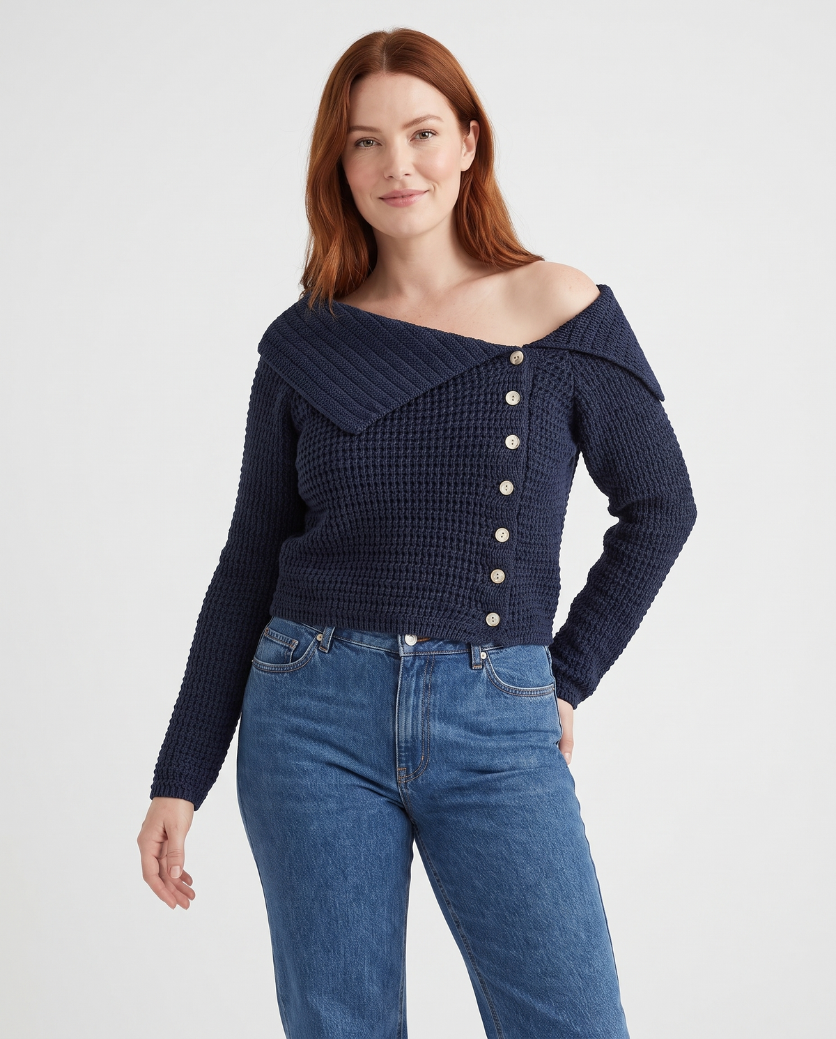 Kiara Women's Off-the-Shoulder Long Sleeve Sweater in Navy Blue