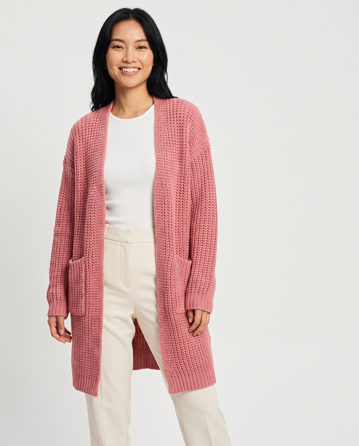 Lettie Women's Long Chunky Knit Cardigan in Dusty Pink