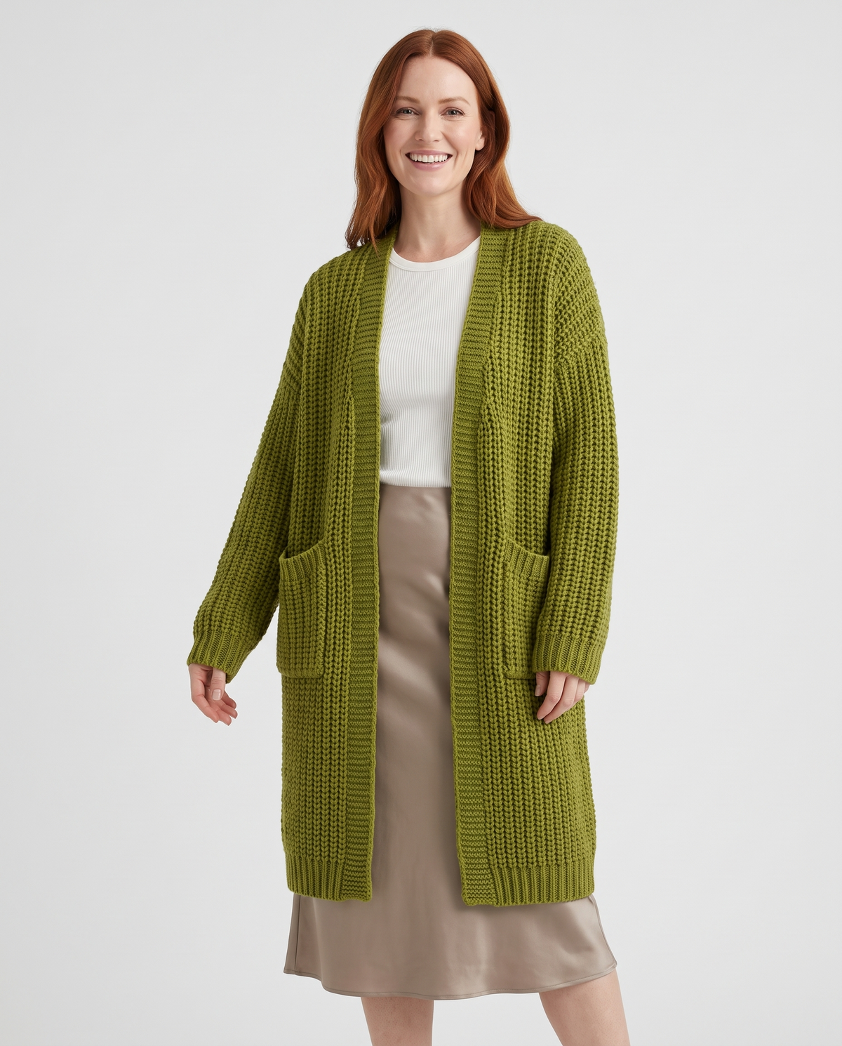 Lettie Women's Long Chunky Knit Cardigan in Olive Green