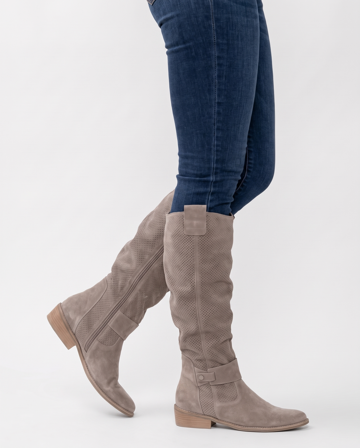 Lily Women's Suede Flat Knee High Boots in Khaki, side profile view