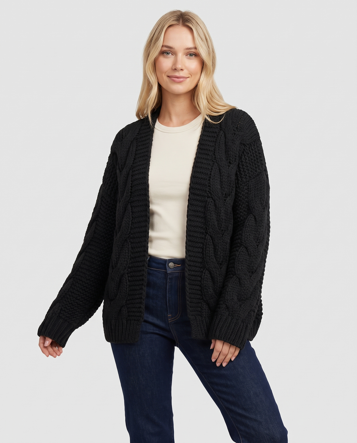 Mae Women's Chunky Knit Cardigan in Black