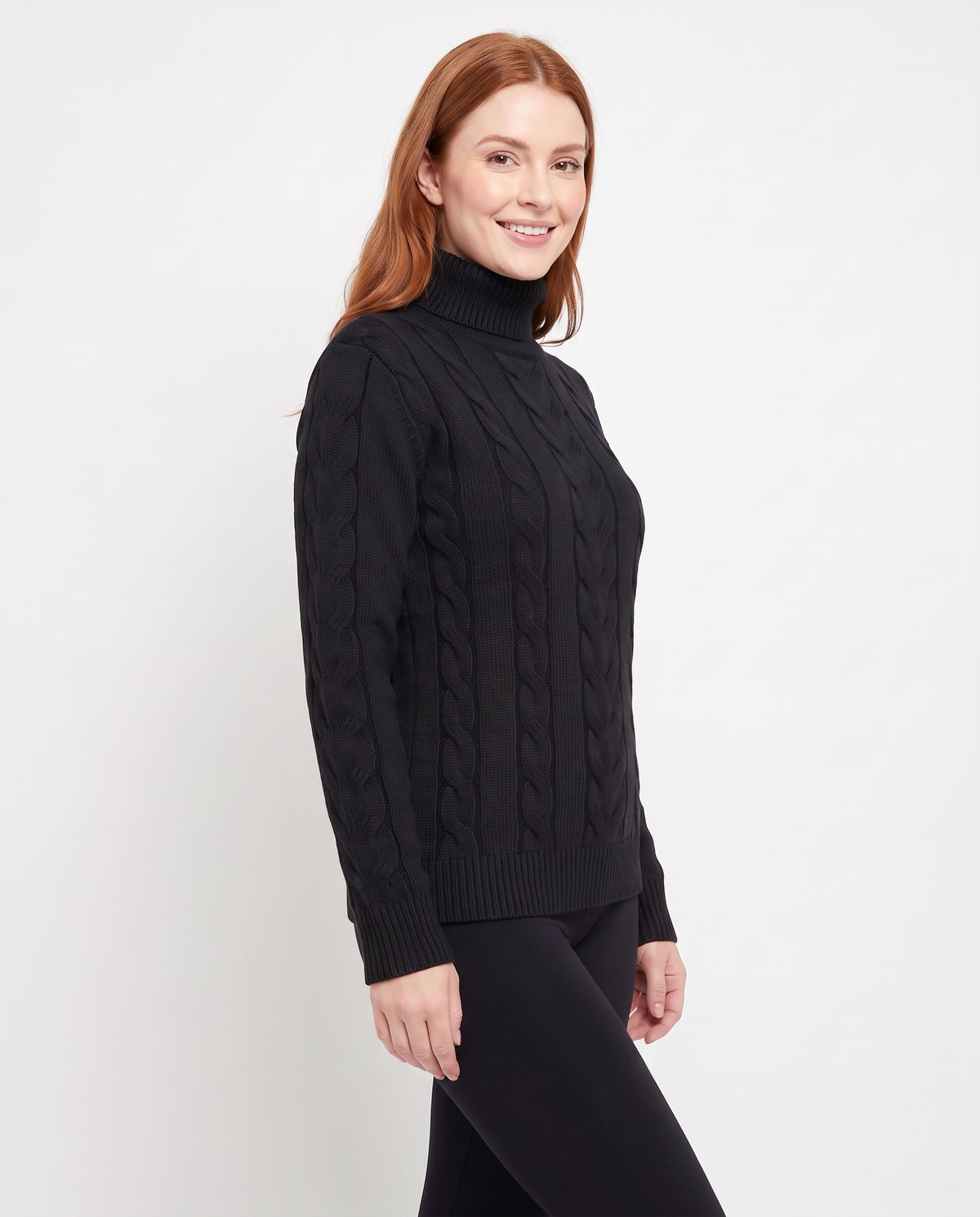 Matilda Women's Cable Knit Jumper in Black, three quarter view
