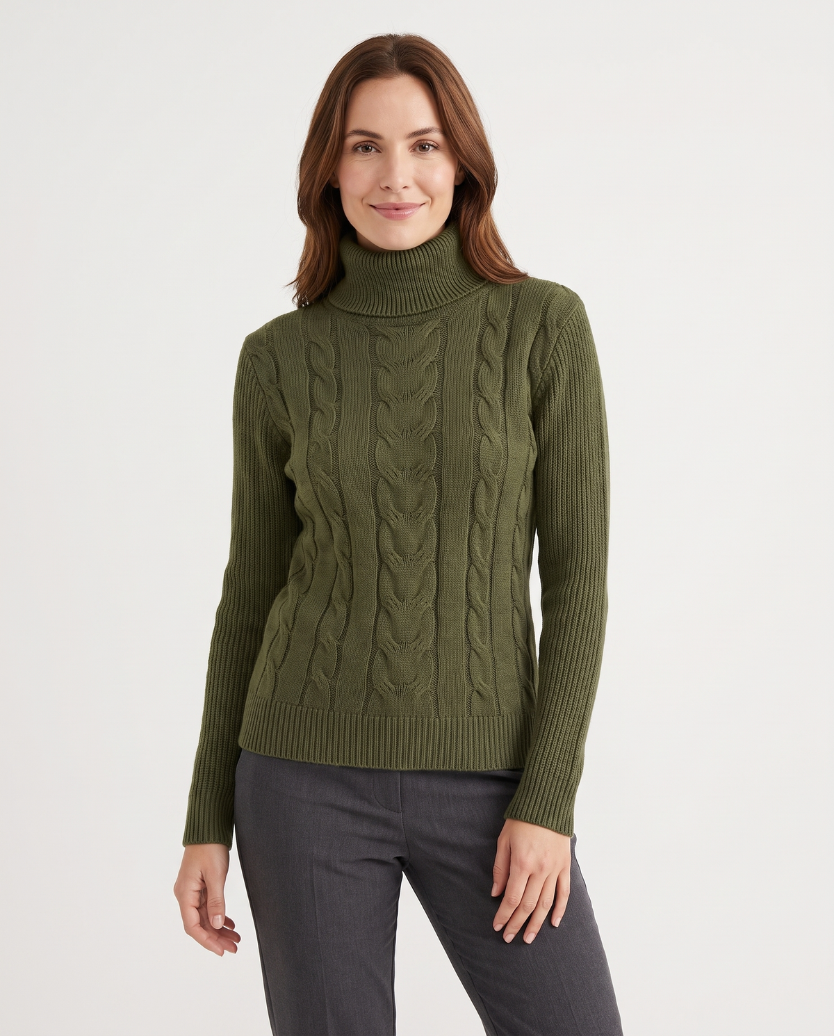 Matilda Women's Cable Knit Jumper in Olive Green