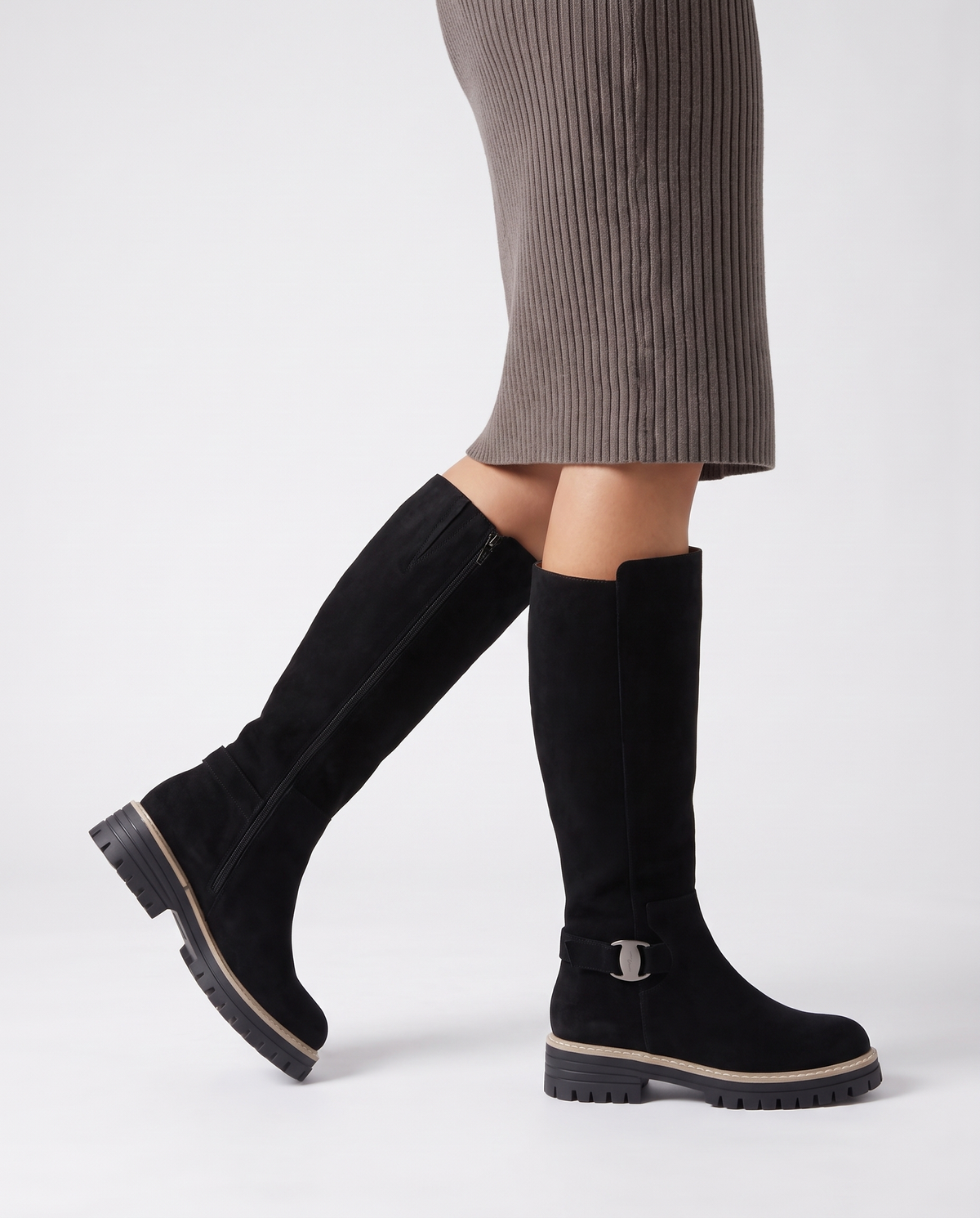 Megan Women's Winter Suede Flat Knee High Boots in Black, side profile view
