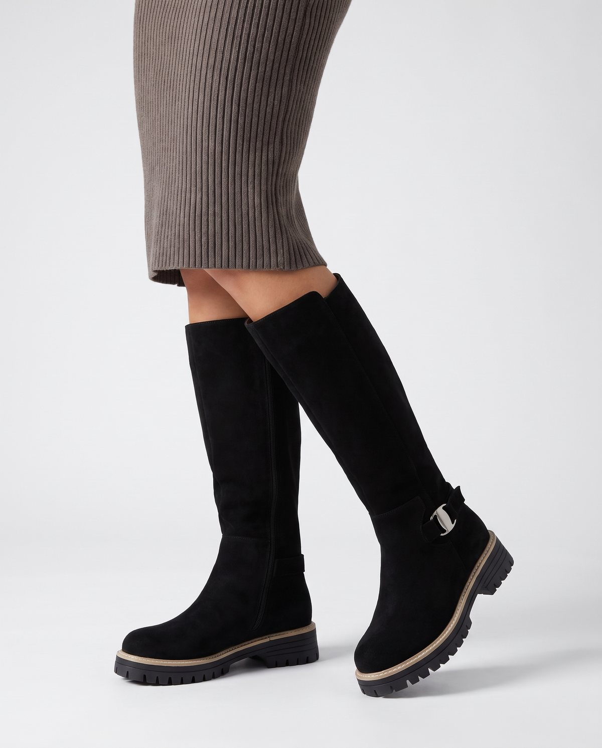 Megan Women's Winter Suede Flat Knee High Boots in Black