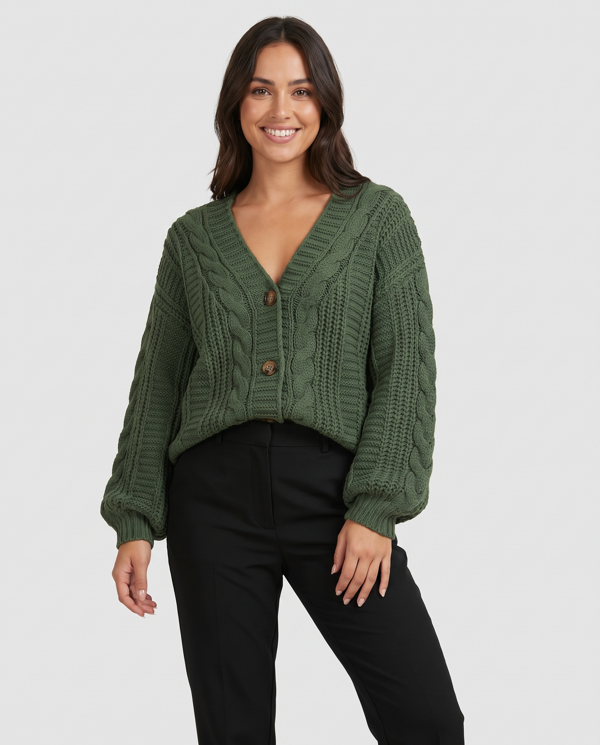Oversized Chunky Cable Knit Cardigan with Balloon Sleeves in Army Green