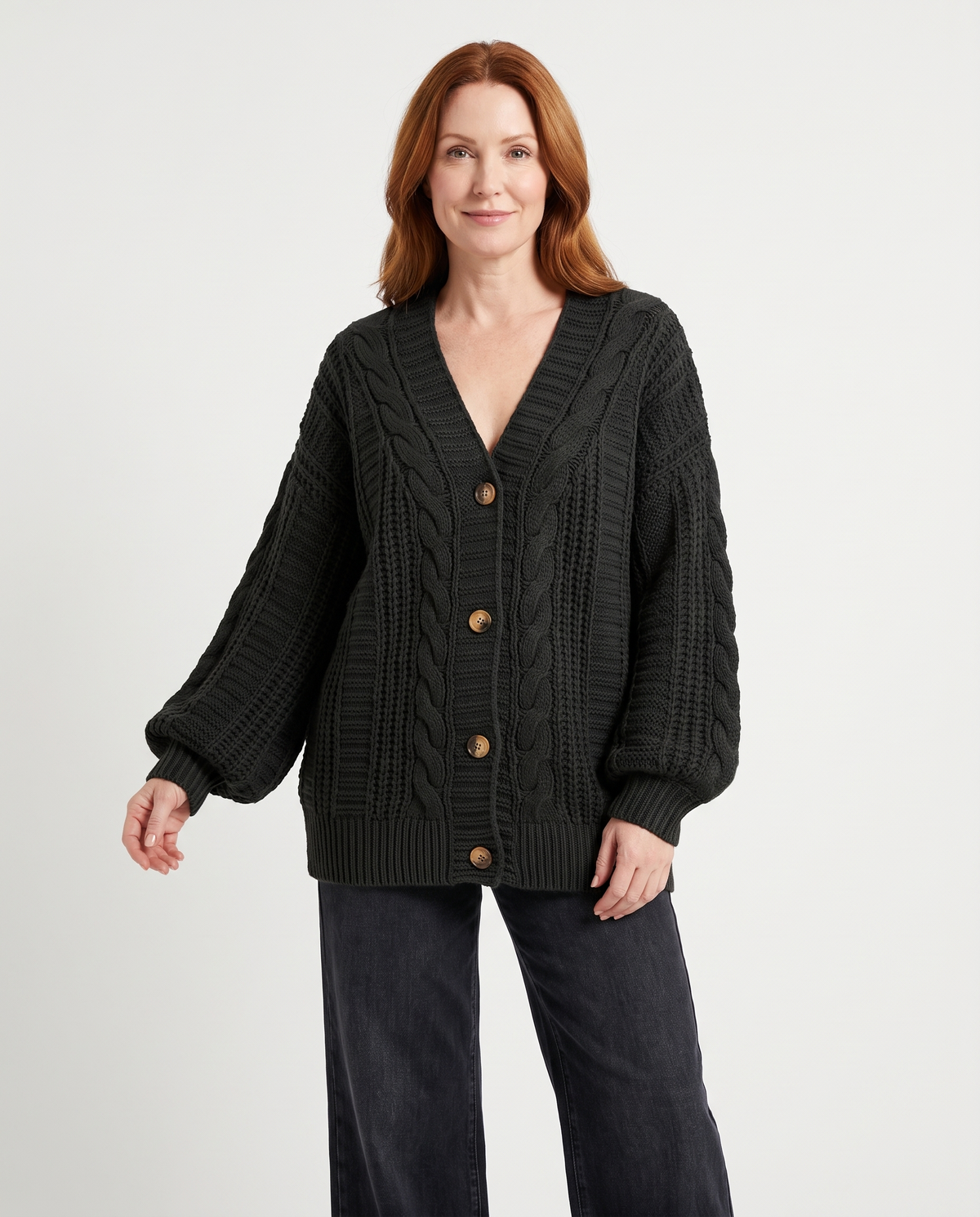 Oversized Chunky Cable Knit Cardigan with Balloon Sleeves in Black