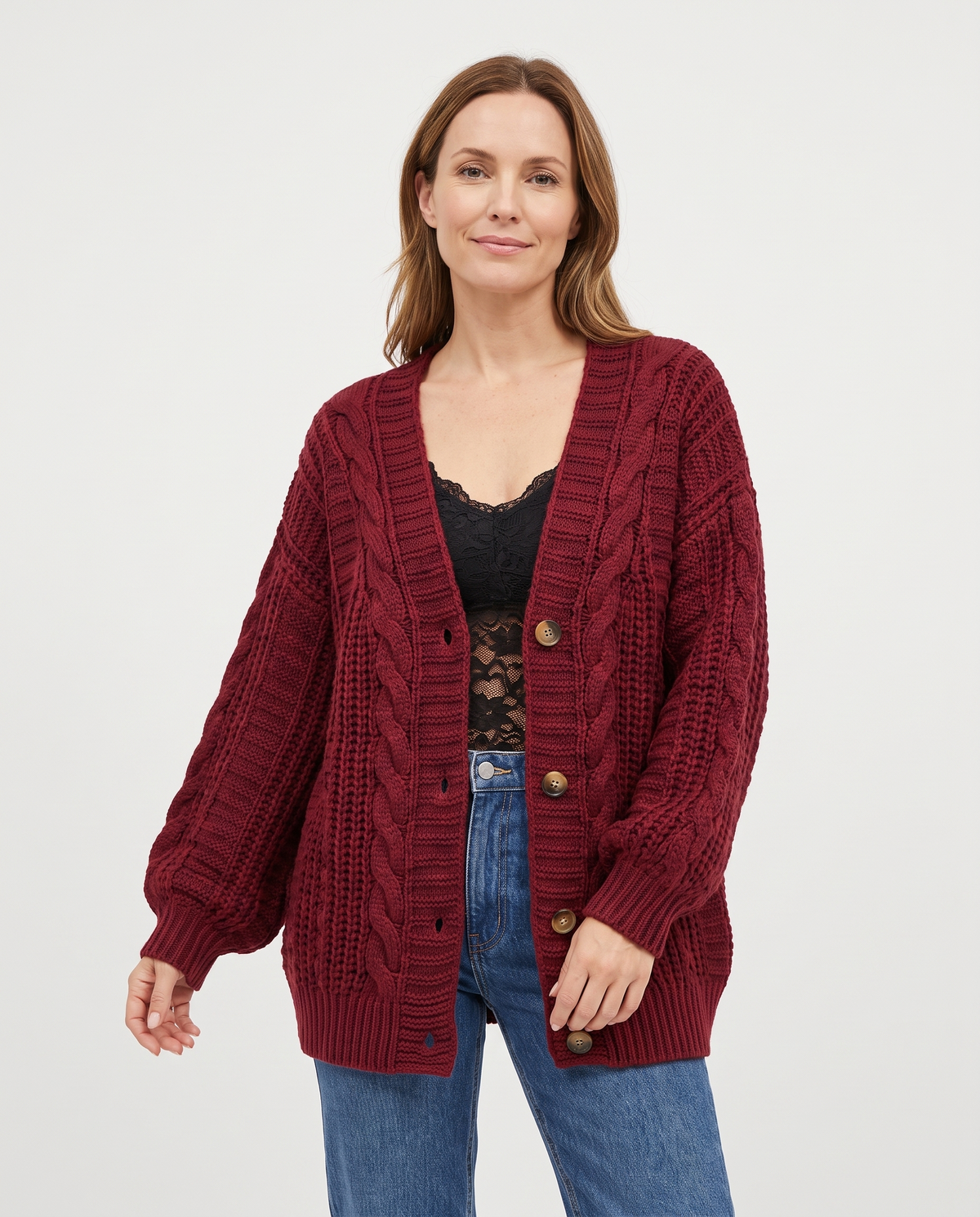 Oversized Chunky Cable Knit Cardigan with Balloon Sleeves in Burgundy