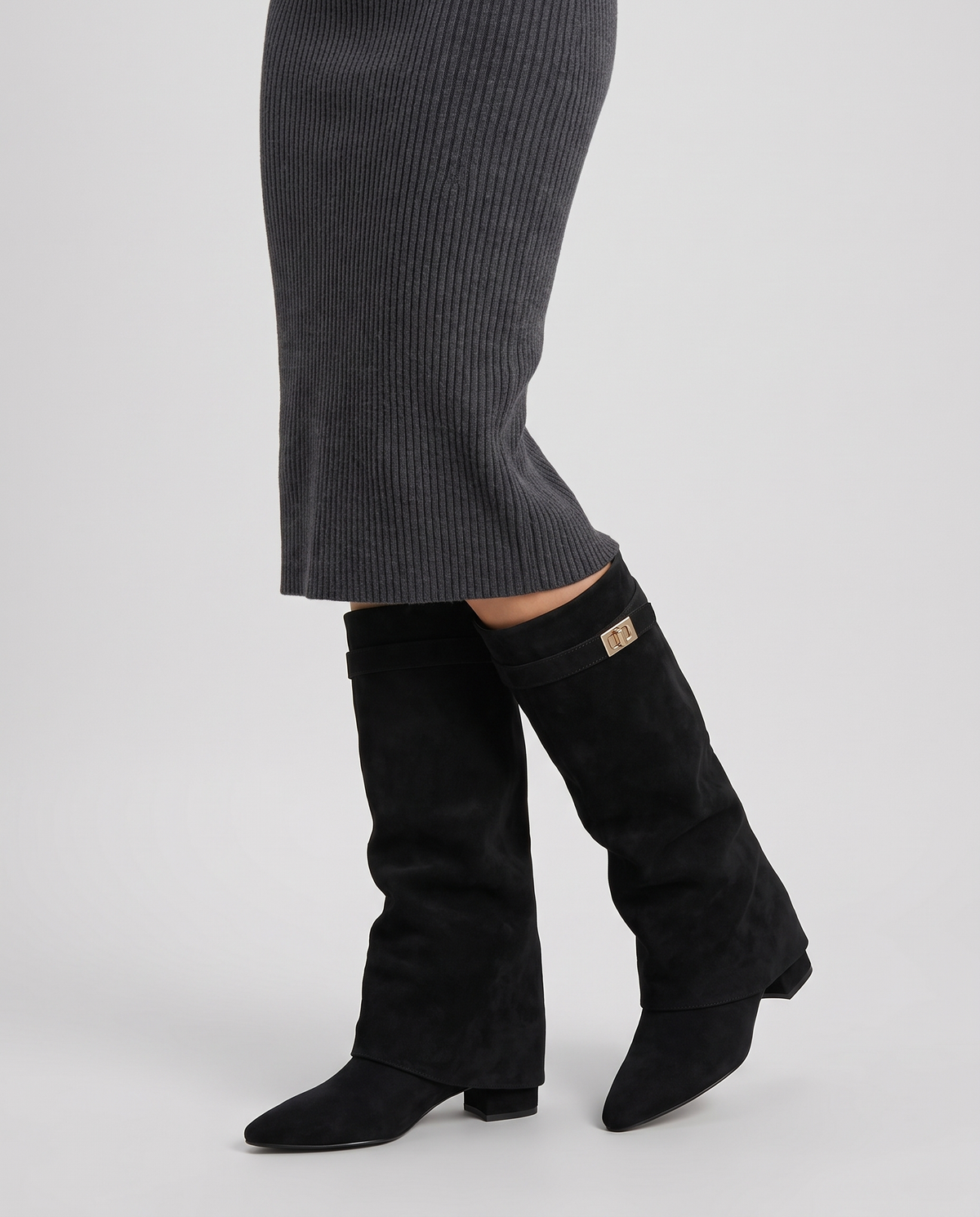 Sian Women's Suede Flat Knee High Boots in Black Suede