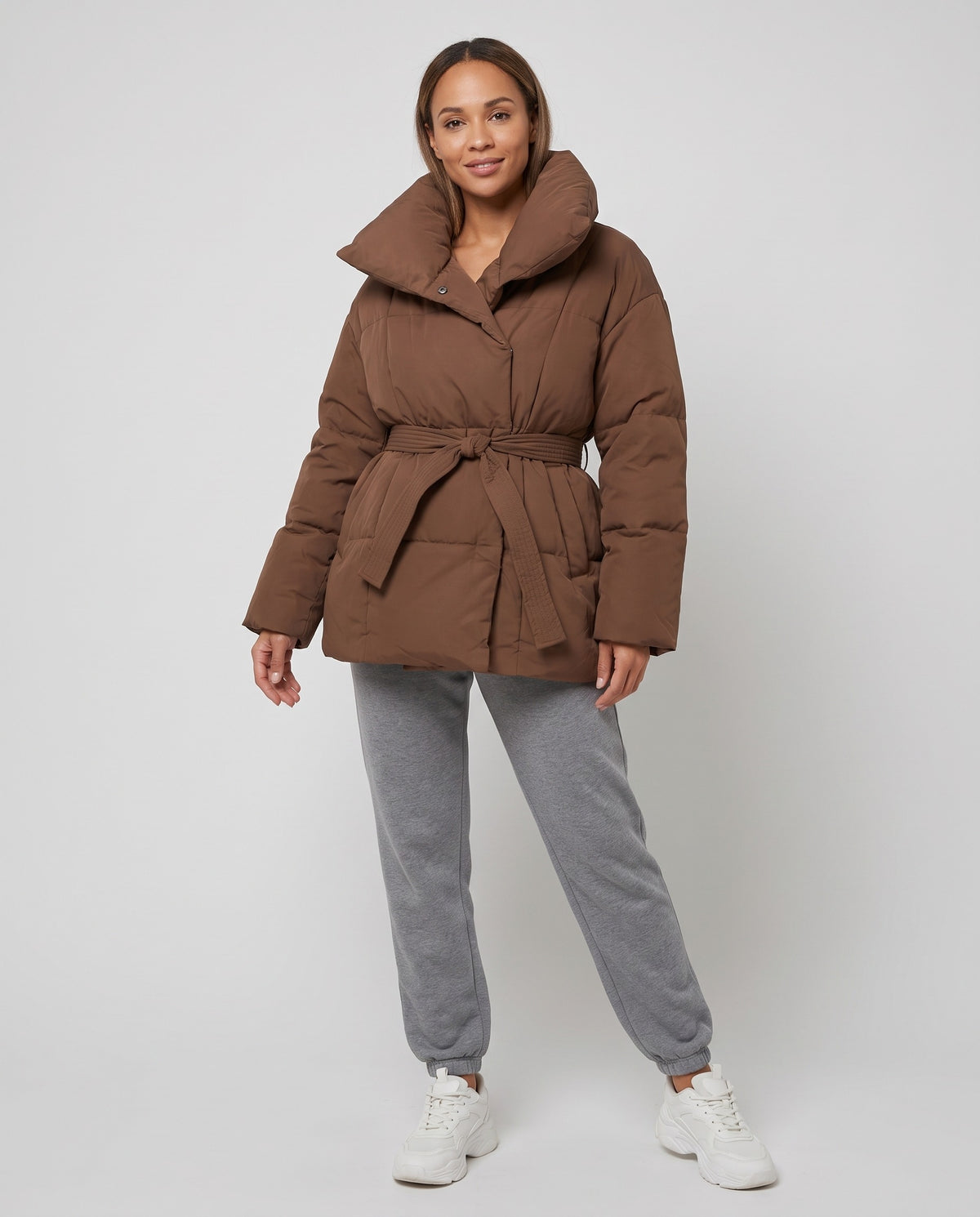 Margot | Women's Winter Puffer Jacket with Oversized Collar and Tie Belt in Brown