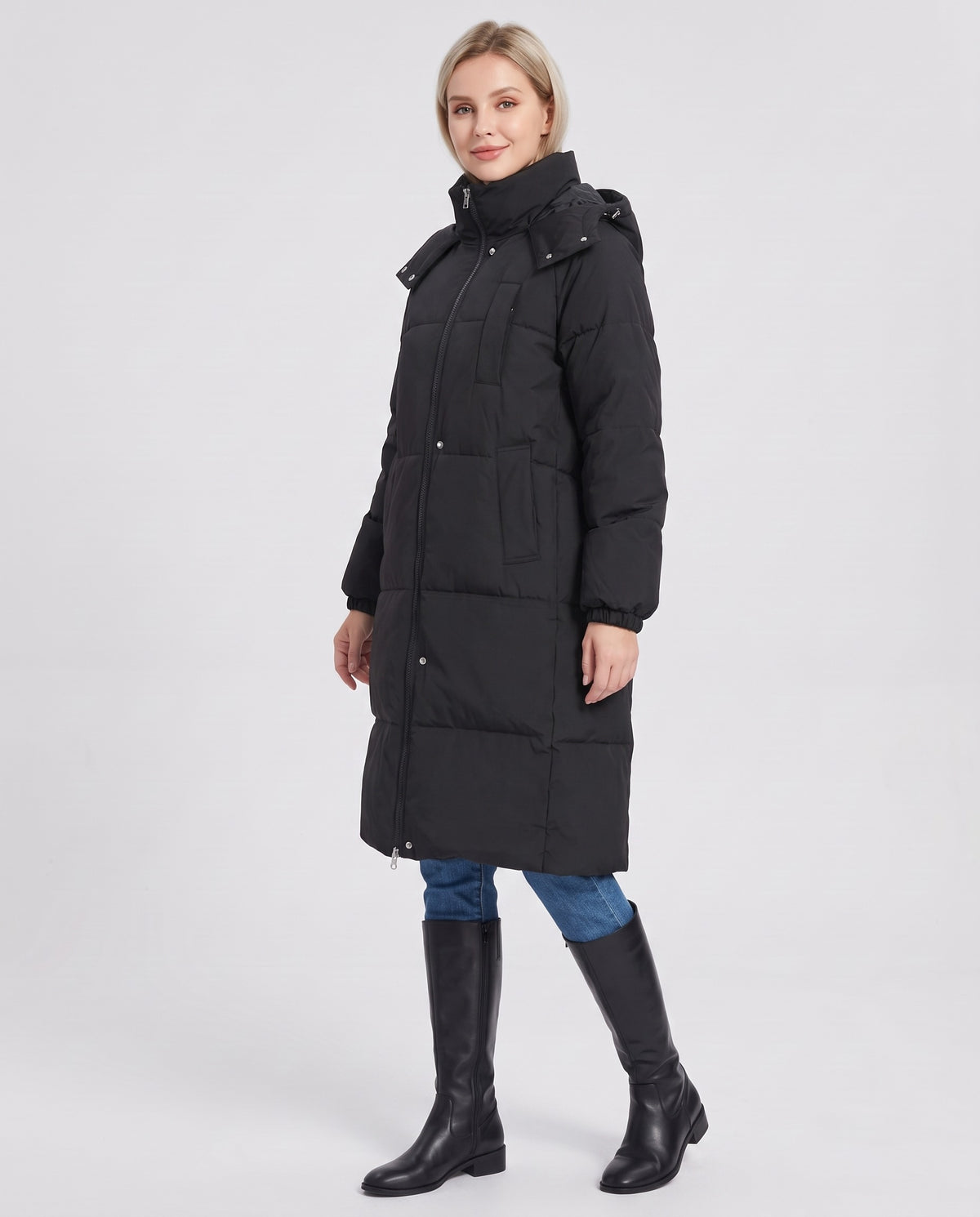 Winifred | Women's Long Puffer Coat with Hood and Stand Collar for Winter in Black side view