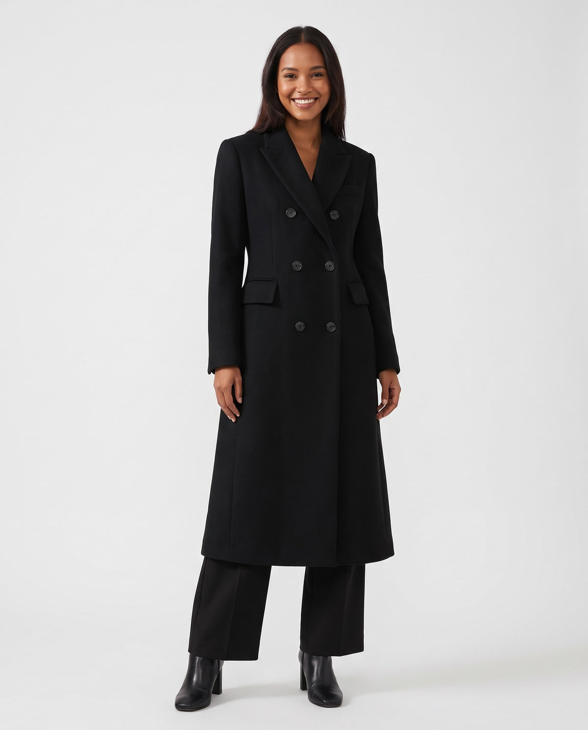 Noelle | Women's Long Wool Coat with Double Breasted Front for Winter in Black