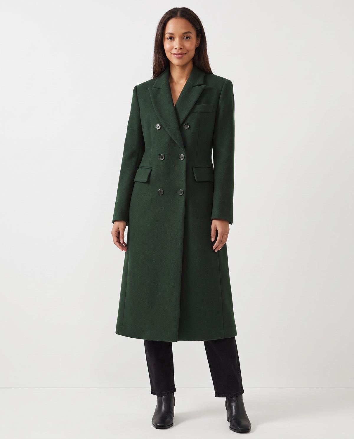 Noelle | Women's Long Wool Coat with Double Breasted Front for Winter in Dark Green