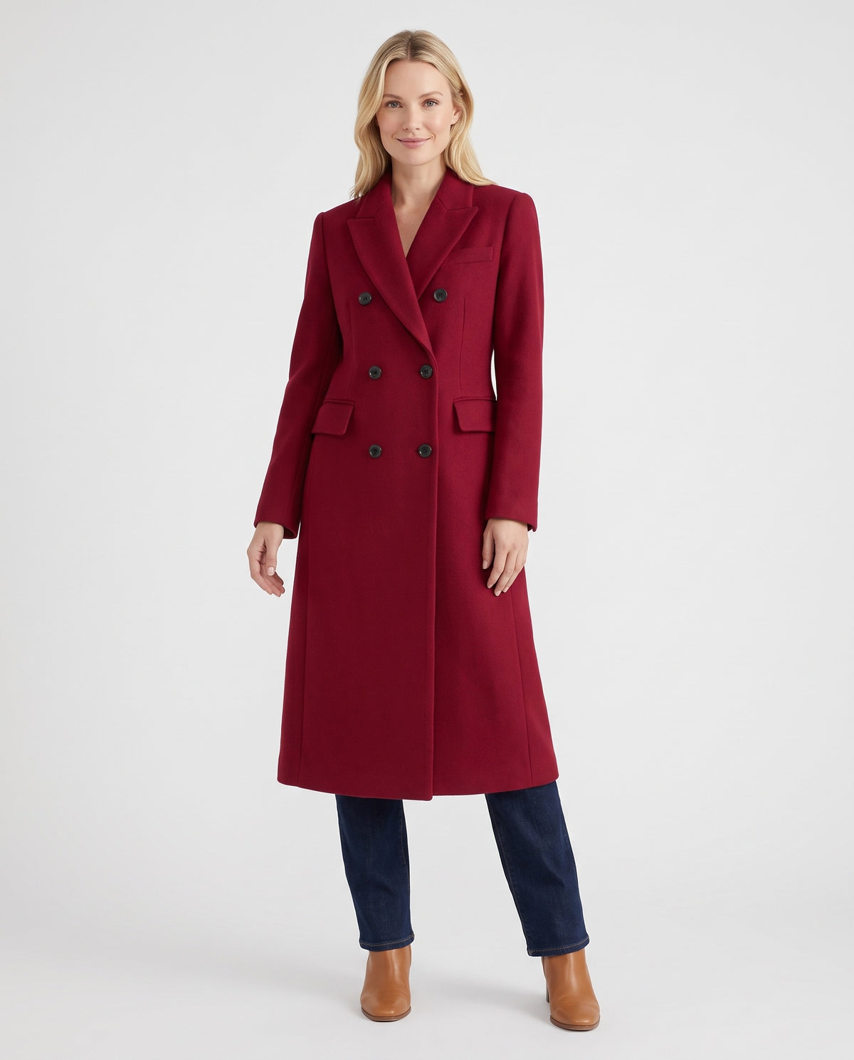 Noelle | Women's Long Wool Coat with Double Breasted Front for Winter in Wine Red