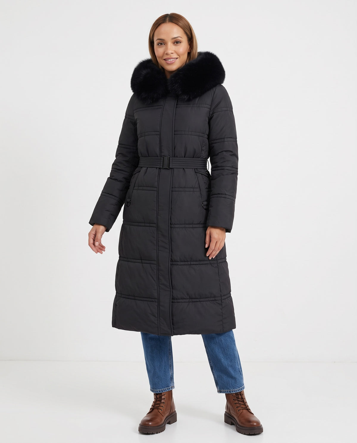 Effie | Women's Faux Fur Puffer Coat with Hood and Tie Belt for Winter in Black