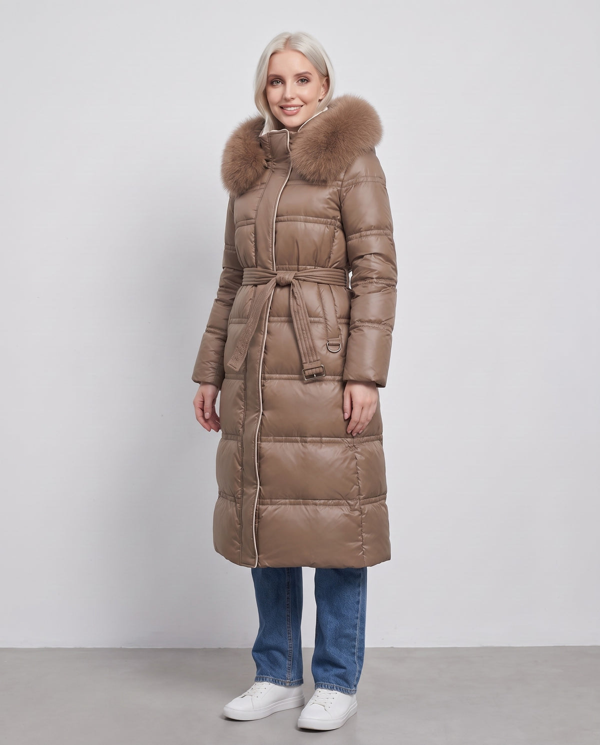 Effie | Women's Faux Fur Puffer Coat with Hood and Tie Belt for Winter in Coffee side view