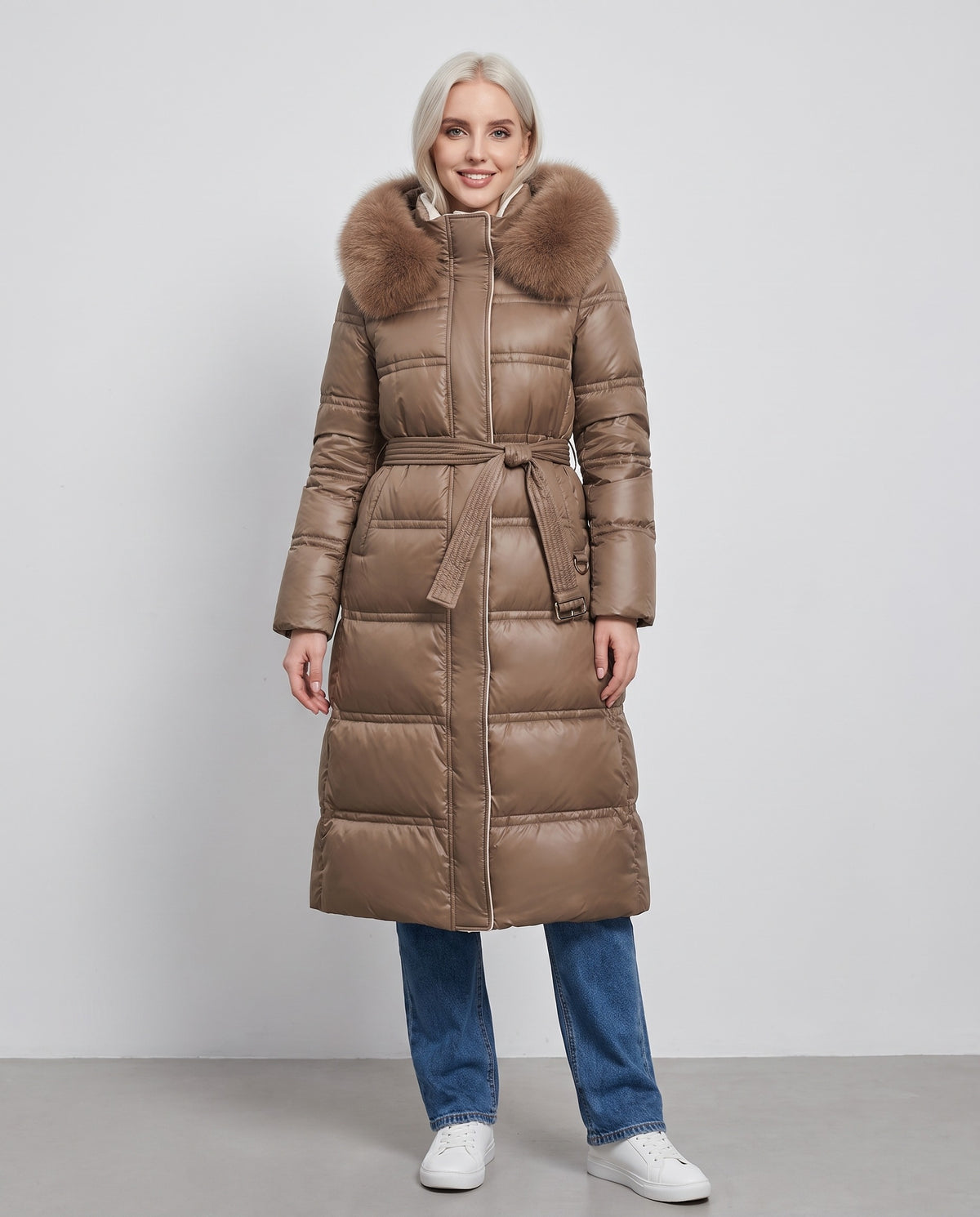 Effie | Women's Faux Fur Puffer Coat with Hood and Tie Belt for Winter in Coffee