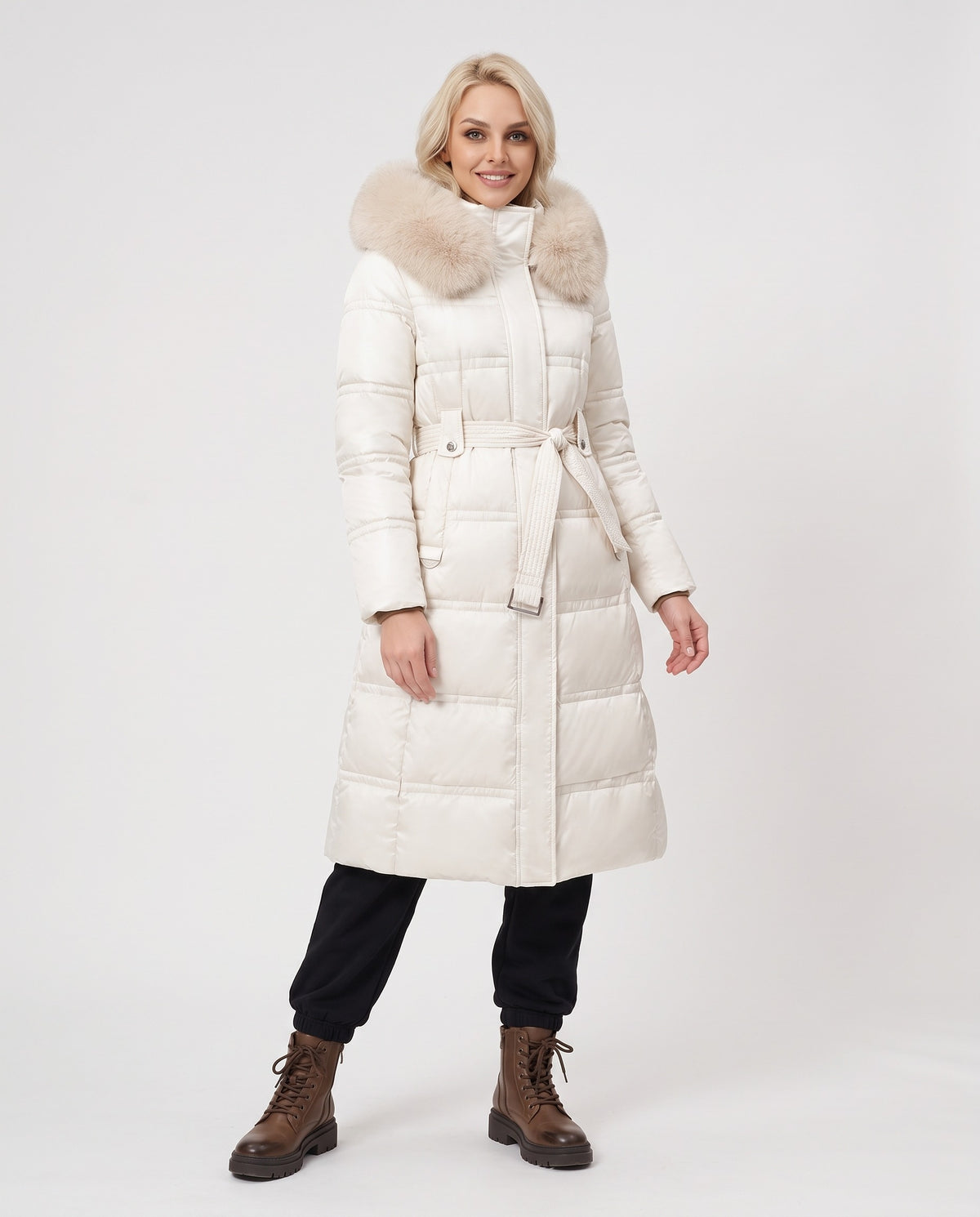 Effie | Women's Faux Fur Puffer Coat with Hood and Tie Belt for Winter in White with Beige Collar