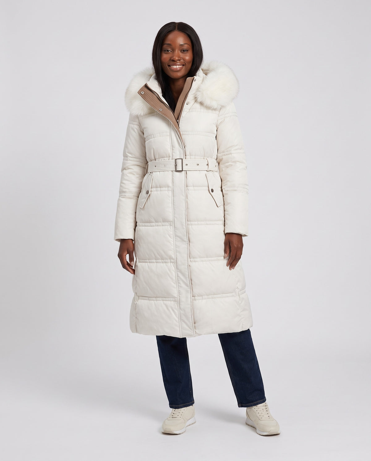 Effie | Women's Faux Fur Puffer Coat with Hood and Tie Belt for Winter in White